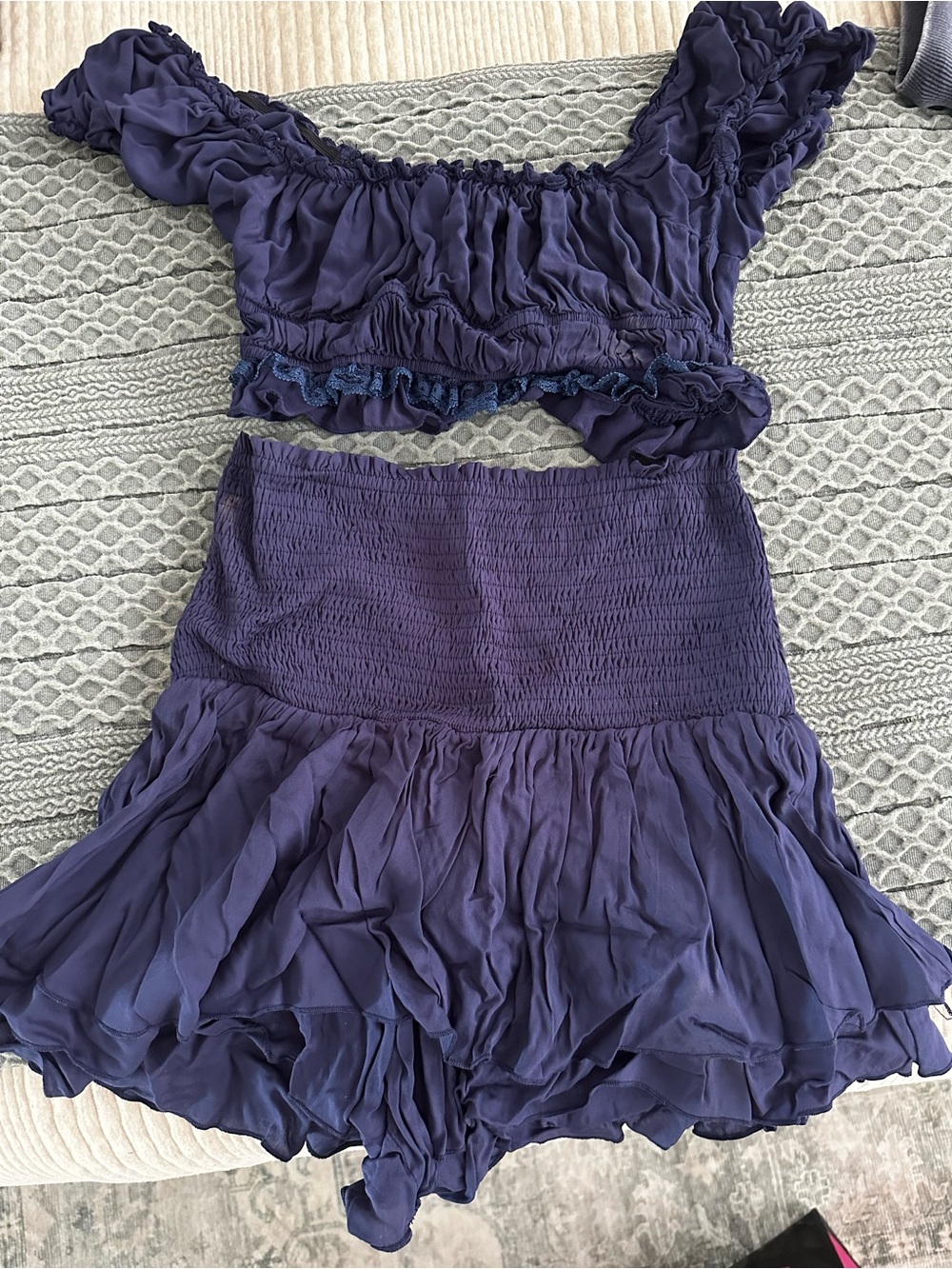 Two-piece navy ruffle flounce short set